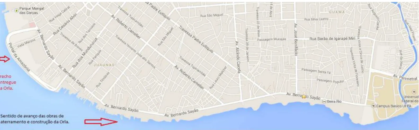 Figura  11:  Croqui  do  sentido  das  obras  da  Orla  de  Belém.  (fonte:  Google  maps,  adaptado  pelo  autor)