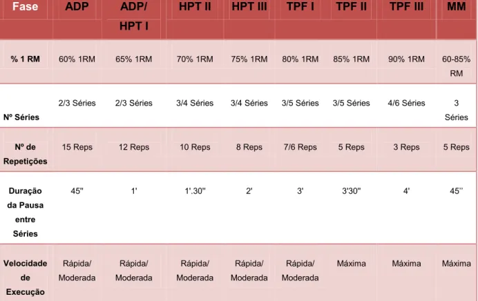 Tabela  2.  Dinâmica  da  carga  para  as  diferentes  fases  do  treino  de  força  ao  longo  da  época  desportiva: Adaptação (ADP), Hipertrofia I, II e III (HPT I, II e III), Taxa de Produção de Força  I,  II e III (TPF I, II e III) e Métodos Mistos (M