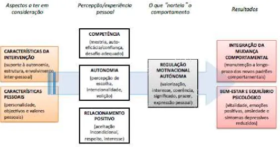 Figura 3 - Factores envolvidos na mudança comportamental a longo prazo e bem-estar associado,  de acordo com a Teoria da Autodeterminação (Teixeira et al, 2012)