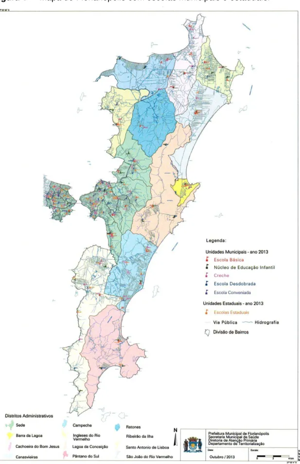 Figura 1 -  Mapa de Florianópolis com escolas municipais e estaduais. 