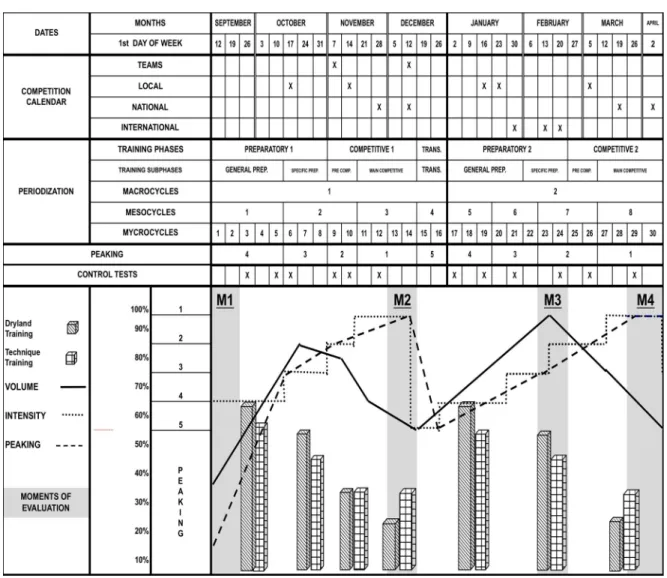Fig.  5.1.  Periodization  of  the  7-month  w inter  swimming  training  competitive  season  and  schedule of the four moments of evaluation: M1, M2, M3 and M4 