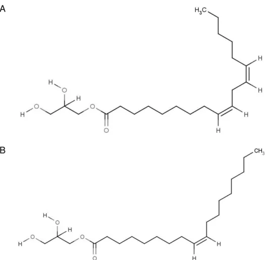 Figura 3. Estrutura química dos principais monoglicerídeos usados na obtenção de cristais  líquidos:  (A)  monolinoleato  de  glicerila  (monolinoleina)  e  (B)  monoleato  de  glicerila  (monoleína)