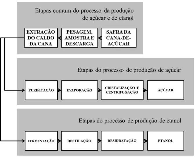Figura 11 - Fluxo básico do processo de produção de açúcar e de etanol  Na  indústria  de  cana-de-açúcar  são  encontradas  fábricas  de  açúcar,  destilarias  de  etanol,  fábricas  integradas  de  açúcar  e  de  etanol,  que  são  capazes  de  produzir 