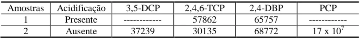 Tabela  5.13  –   Valores  das  áreas  cromatográficas  de  clorofenóis  no  emprego  do  ultra- ultra-som, testando-se a utilização da acidificação (1) 