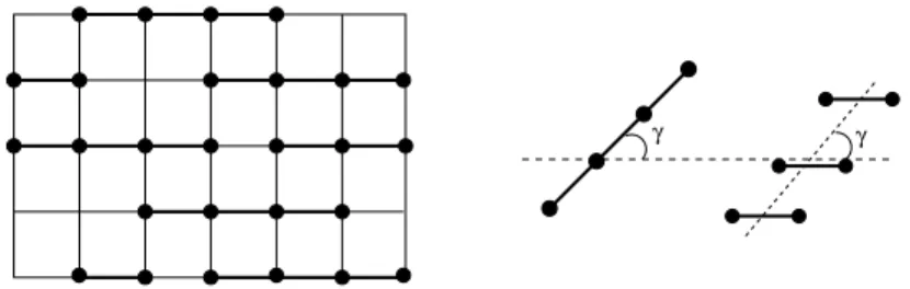 Figura 2.2: (Lado esquerdo) Tratamento de Flory para mol´eculas nem´aticas na rede. (Lado direito) Decomposi¸c˜ao de uma mol´ecula n˜ao alinhada com a dire¸c˜ao preferencial do sistema em elementos de menor comprimento.