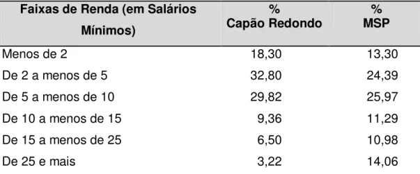 Tabela 2  – Distribuição dos domicílios, em porcentagem, por faixas de renda  familiar, no Distrito do Capão Redondo e Município de São Paulo  (MSP)  –  2000 