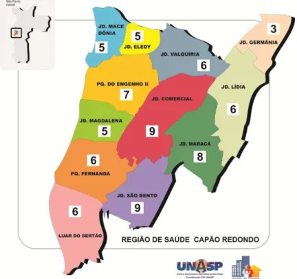 Figura 4  –   Mapa do Distrito do Capão Redondo com a distribuição das UBS  e o número de Equipes de Saúde da Família