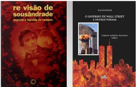 FIGURA  1  -  Do  lado  direito,  a  capa  da  terceira  edição  de  Re  Visão  de  Sousândrade  (2002)  com  o  retrato  do  poeta  consumido  por  labaredas  que  remetem  a  canícula  do  Inferno  de  Wall  Street