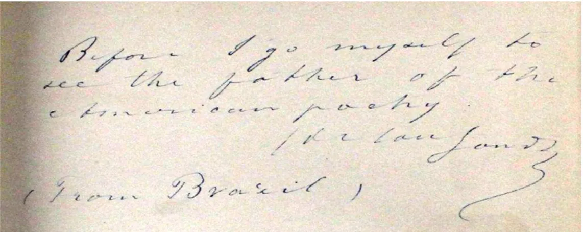 FIGURA 2 - Dedicatória de Sousândrade a Longfellow no livro Obras Poéticas  (1874), lê- se:  Before I go myself to see the father of the American poetry