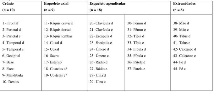 Tabela 1. Partes anatómicas consideradas na avaliação do estado de conservação dos esqueletos (Dutour,  1989)  Crânio   (n = 10)  Esqueleto axial  (n = 9)  Esqueleto apendicular  (n = 18)  Extremidades  (n = 8)  1 - Frontal   2- Parietal d   3- Parietal e 