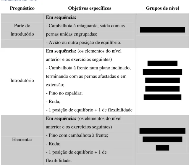 Tabela 7 - Ginástica de solo: objetivos específicos. 