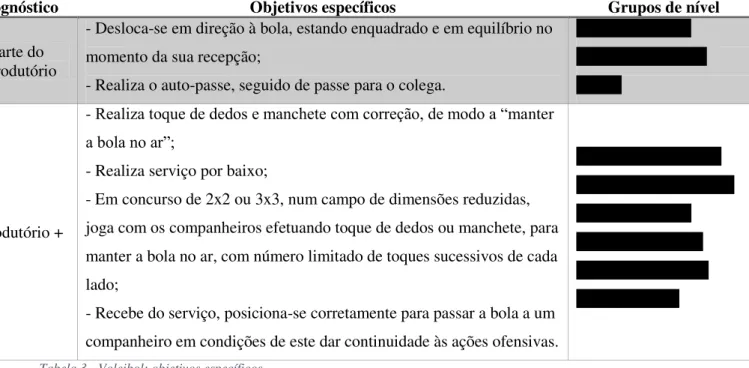 Tabela 3 - Voleibol: objetivos específicos. 