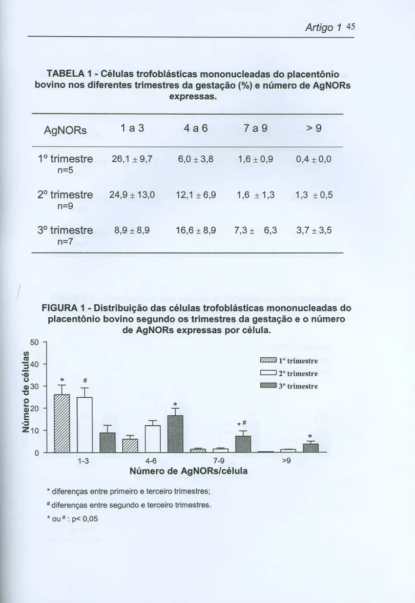 TABELA 1 - Células trofoblásticas mononucleadas do placentônio bovino nos diferentes trimestres da gestação (%) e número de AgNORs