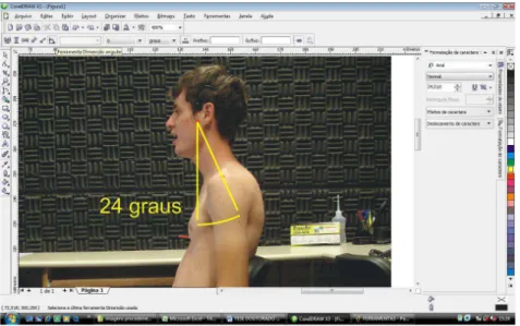 Figura 22 –  Ângulo formado pela união de dois pontos previamente  demarcados no indivíduo, com a linha perpendicular ao  solo, com o auxílio da Ferramenta Dimensão angular do  Programa Corel Draw X3
