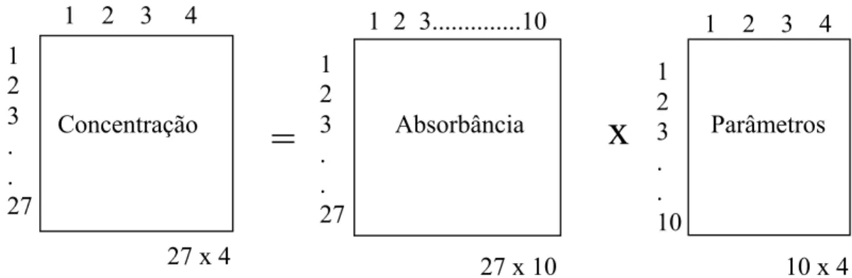 Figura 1.23 – Esquema simplificado para ILSR considerando 4 analitos, 27 padrões e 10 números de onda 