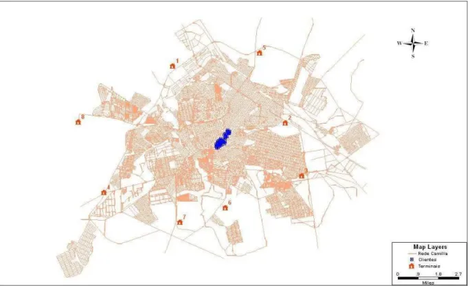 Figura 4.6: Mapa de Uberlândia com terminais candidatos e pontos comerciais localizados.