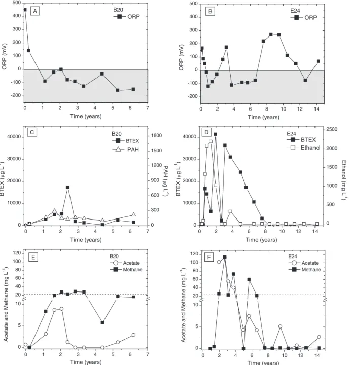 Fig. 2. Time series of geochemical footprint in the source zone groundwater of E24 and B20 releases (at depth 2 m bgs)