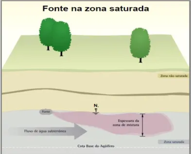 Figura 9: Esquema ilustrativo da fonte de contaminação e transporte na  zona saturada do solo