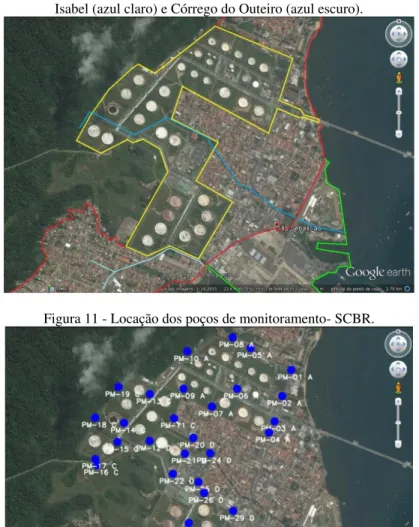 Figura 10 - Localização do Terminal de Petróleo de São Sebastião (amarelo),  bairros da cidade (vermelho), Porto de São Sebastião (verde), Córrego Mãe 