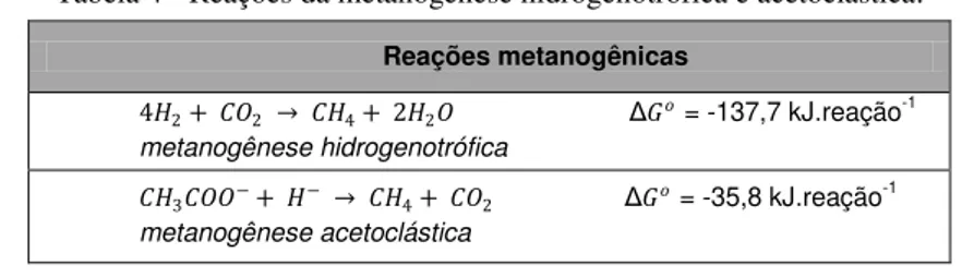 Tabela 4 - Reações da metanogênese hidrogenotrófica e acetoclástica.  Reações metanogênicas  4 