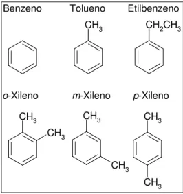 Figura 2.1 - Fórmula estrutural dos hidrocarbonetos monoaromáticos  que compõem o grupo BTEX