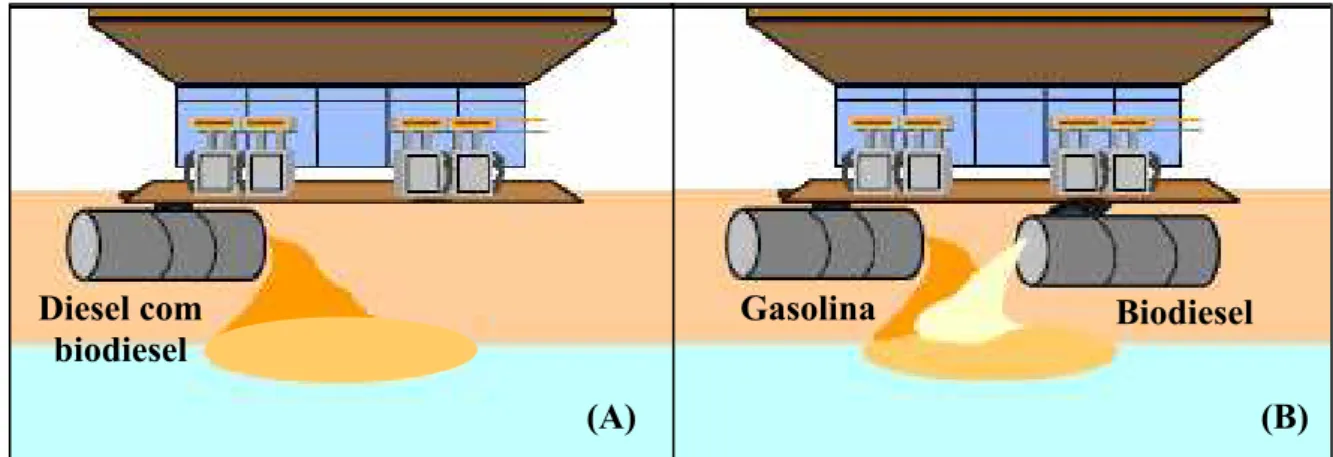 Figura 2.1 – Ocorrência do biodiesel em derramentos subsuperficiais (A) Derramamento de  diesel com biodiesel