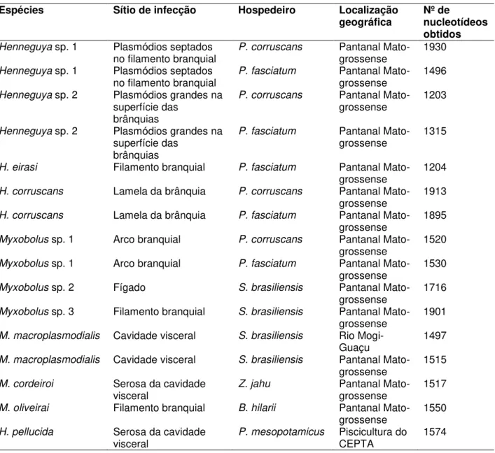 Tabela  2  –   Relação  das  espécies  de  Myxozoa  parasitas  de  peixes  oriundos  de  ambiente  natural  e  de  sistemas  de  criação, segundo  sítio de  infecção,  hospedeiro,  localização geográfica e rDNA amplificado