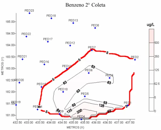 Figura 4.10 - Mapa da concentração de benzeno dissolvido na água em µg L -1  durante  segunda coleta (180 dias após a contaminação)