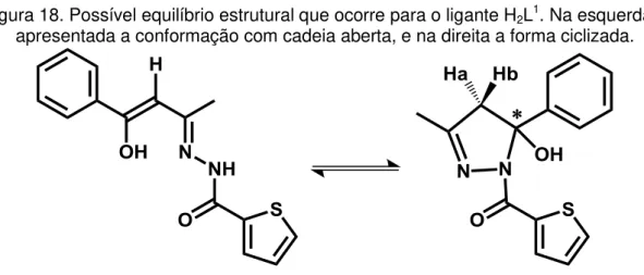 Figura 18. Possível equilíbrio estrutural que ocorre para o ligante H 2 L 1 . Na esquerda é  apresentada a conformação com cadeia aberta, e na direita a forma ciclizada