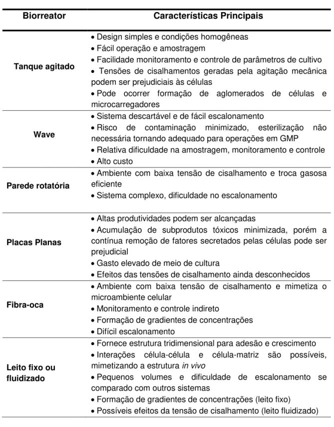 Tabela  1.1  -  Principais  características  dos  diferentes  biorreatores  utilizados  no  cultivo  de  células  tronco (Adaptado de RODRIGUES et al., 2011)