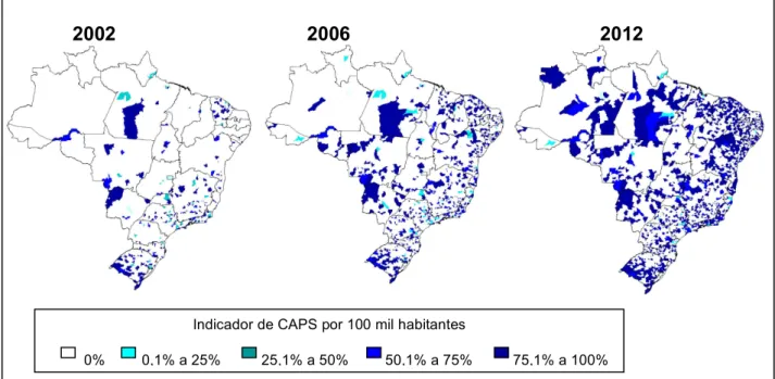 Figura  2.6  –  Cobertura  por  município  dos  Centros  de  Atenção  Psicossocial  por  ano  (Brasil,  2002  –  jun/2012) - *mapa “Saúde Mental Em Dados – Ministério da Saúde” (2012) modificado 