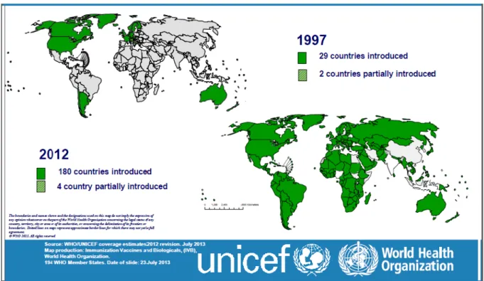 Figura 1. Países que introduziram a vacina contra o Haemophilus influenzae b  em  1997 e 2012 no programa de imunização