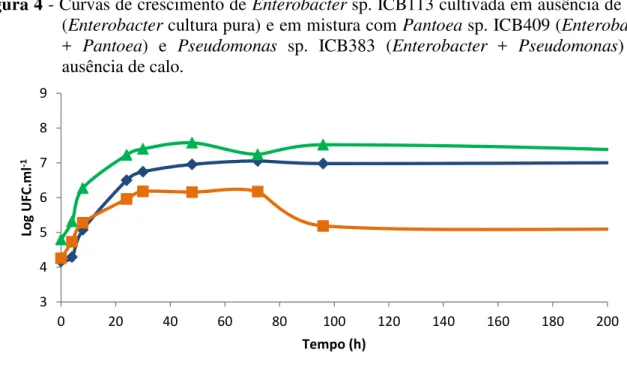 Figura 4 - Curvas de crescimento de Enterobacter sp. ICB113 cultivada em ausência de calo  (Enterobacter cultura pura) e em mistura com Pantoea sp