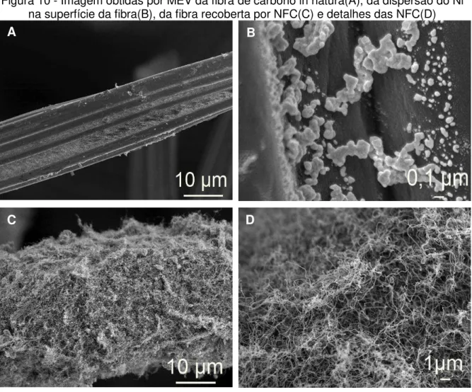 Figura 10 - Imagem obtidas por MEV da fibra de carbono in natura(A), da dispersão do Ni  na superfície da fibra(B), da fibra recoberta por NFC(C) e detalhes das NFC(D) 