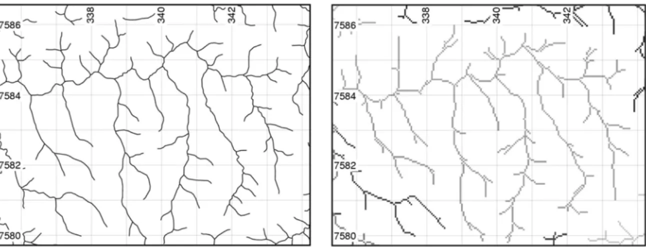 Figura 6 –  Comparação entre drenagens do mapa topográfico 1:50.000 (esquerda) e extraídas automaticamente do modelo de elevação reamostrado para 50 m (direita)