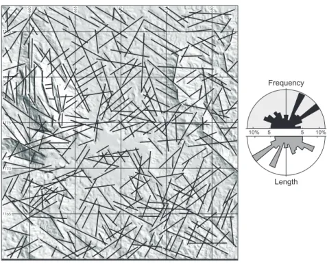 Figure 2 - Interpreted lineaments over shaded relief image and rose diagram.