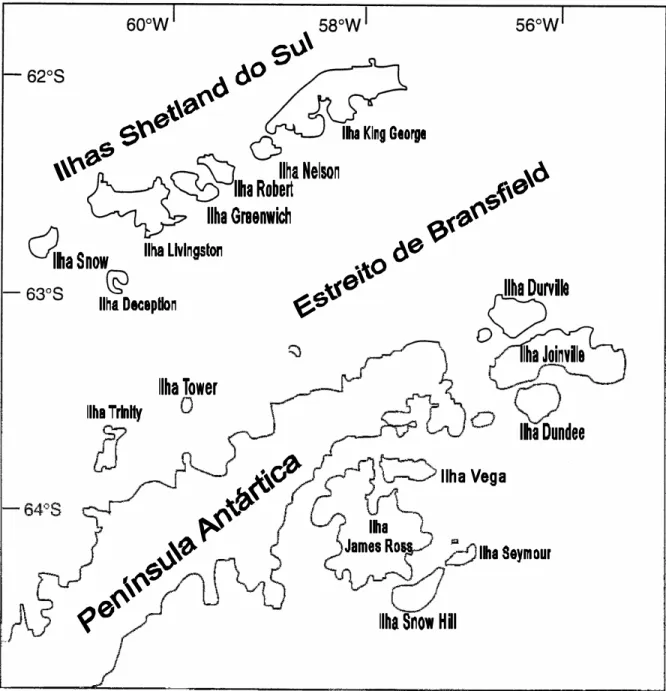 Figura 5 –   Porção norte da Península Antártica, ilhas orientais da sub-bacia James Ross e as do arquipélago das  Shetland do Sul (W)