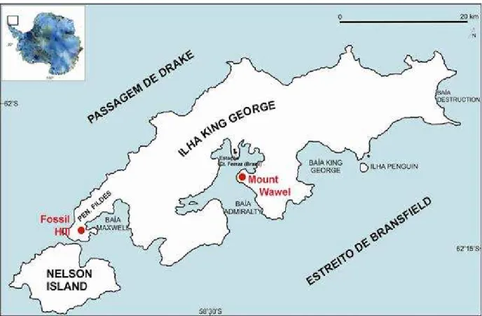 Figura  1  -  Mapa  da  ilha  Rei  George,  mostrando  as  duas  principais  localidades  onde  foram          identificados restos fósseis de podocarpáceas