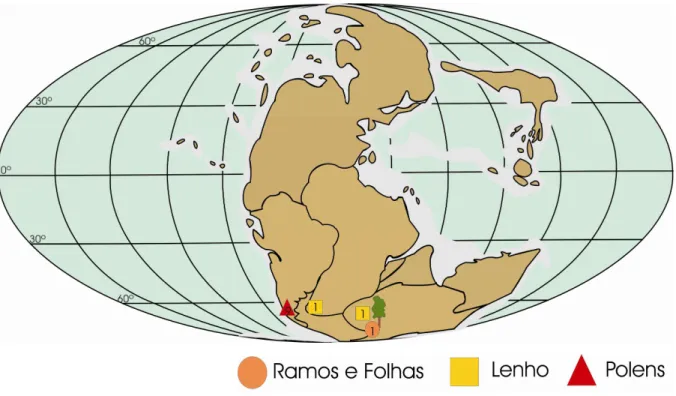 Figura  9  -  Distribuição  geográfica  de  Podocarpaceae  durante  o  Triássico  Médio,  com  informações obtidas dos apêndices C a J (mapa modificado de Nisbet,1991 e Golonka, 2000)