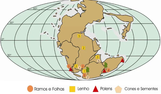 Figura  10  -  Distribuição  geográfica  de  Podocarpaceae  durante  o  Triássico  Superior  ao  Jurássico Inferior, com informações obtidas dos apêndices C a J (mapa modificado de Nisbet,  1991 e Golonka, 2000)