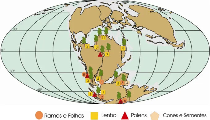 Figura 11 - Distribuição geográfica de Podocarpaceae durante o Jurássico Superior-Cretáceo  Inferior, com informações obtidas dos apêndices C a J (mapa modificado de Nisbet, 1991 e  Golonka, 2000)