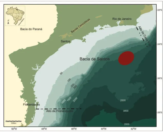 Figura 1: mapa de localização da Bacia de Santos, evidenciando o local aproximado dos pontos  de coleta em vermelho 