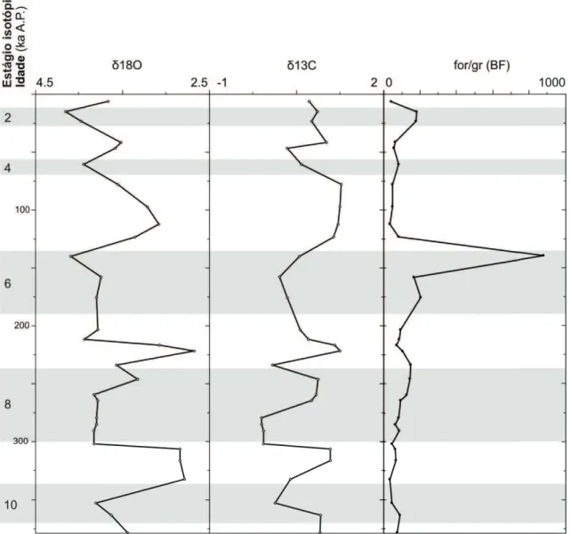 Figura 5: gráfico dos estágios isotópicos marinhos identificados para o testemunho BS- BS-6, valores de isótopos estáveis de oxigênio (δ18O) e carbono (δ13C) das carapaças  de foraminíferos bentônicos e número de foraminíferos bentônicos por grama de  sedi