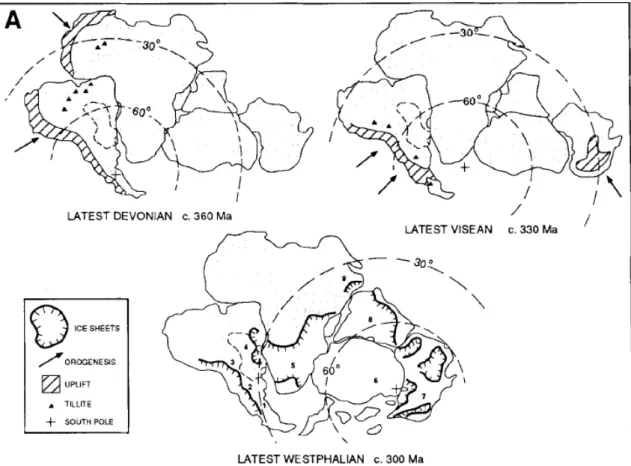 Figure 2.3: Paleogeographical maps of the Gondwana for the latest Devonian, latest Visean  and  latest  Westphalian