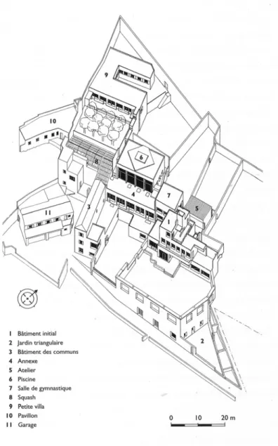 Fig. 61- Axonometria do conjunto: 1-edifício original, 2-jardim  trinagular, 3- alojamento empregados, 4- anexo, 5- atelier, 6-piscina, 