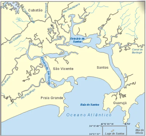Figura 1.2. Localização  do  Estuário  de  Santos  e  São  Vicente  e  municípios  que  influenciam  diretamente  na  sua  qualidade  ambiental