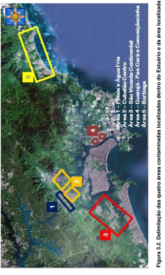 Figura 3.2. Delimitação das quatro áreas contaminadas localizadas dentro do Estuário e da área localizada                           fora do Estuário