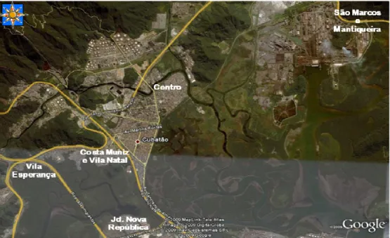 Figura  3.4.  Localização  dos  bairros  que  formam  a  área  de  Cubatão  Centro, SP 