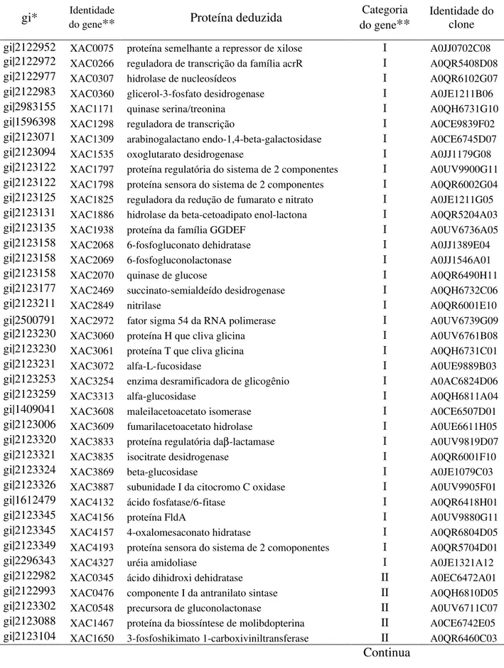 Tabela 1. Identificação dos 208 genes possivelmente controlados por promotores “PIP  box” e seus respectivos clones