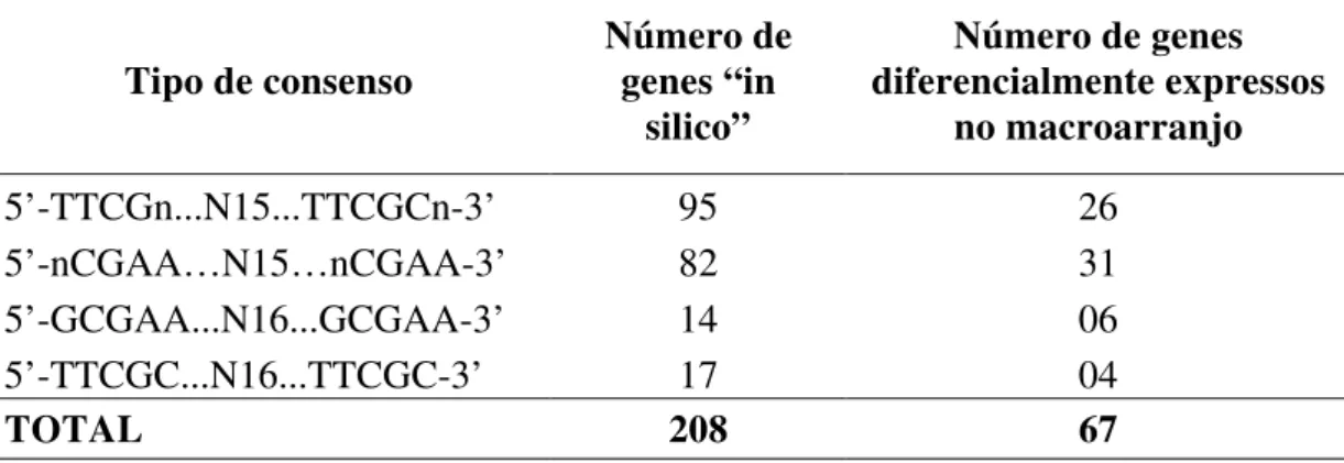 Tabela 3. Distribuição dos consensos do tipo “PIP box” nos 208 genes mapeados “in  silico” e nos 67 genes diferencialmente expressos no macroarranjo
